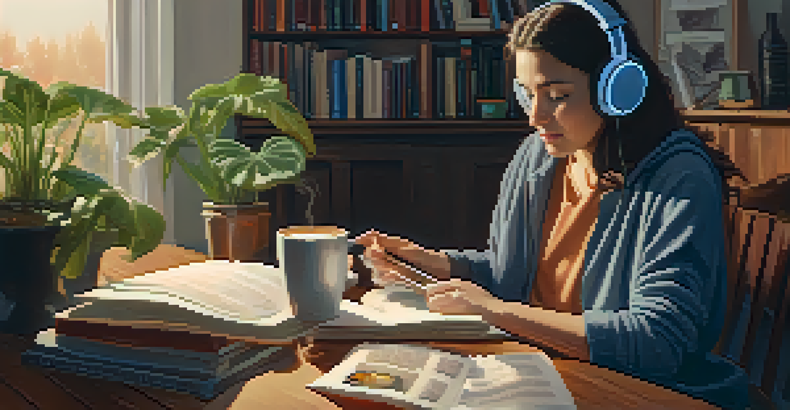 A person listening to a podcast at home, surrounded by books and plants, with a warm lamp light and a cup of coffee.