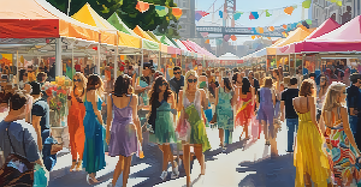 A lively fashion festival in San Francisco with colorful tents, music, and designers showcasing their collections.