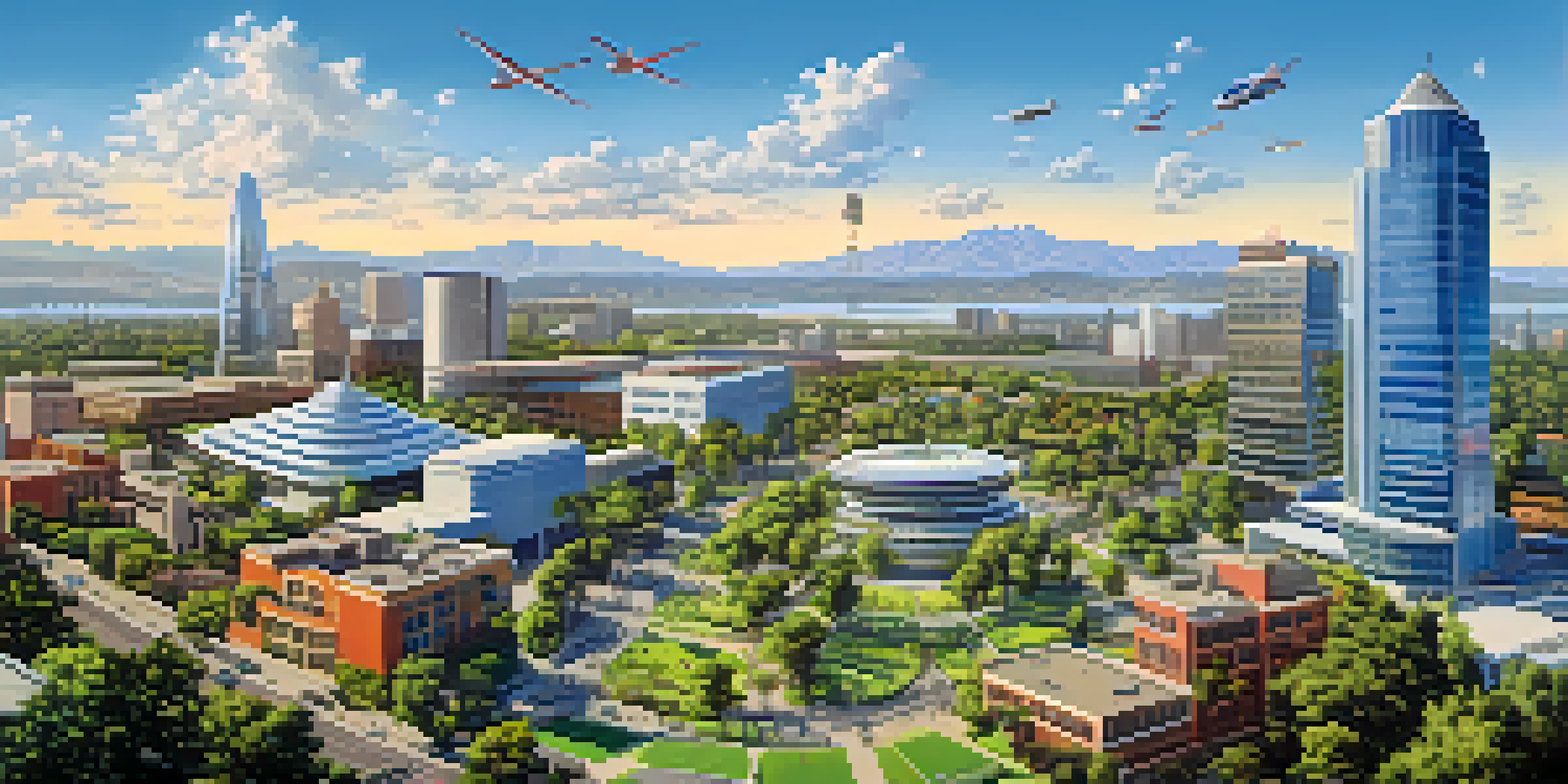 A wide view of Silicon Valley with modern buildings, green parks, and people using laptops outdoors.