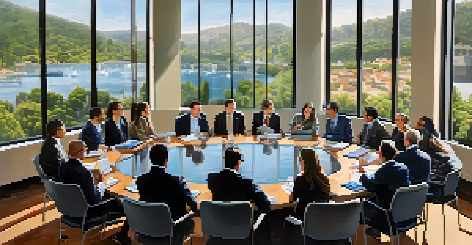 A diverse panel of alumni discussing global issues at a conference, with attendees engaged in a modern setting.