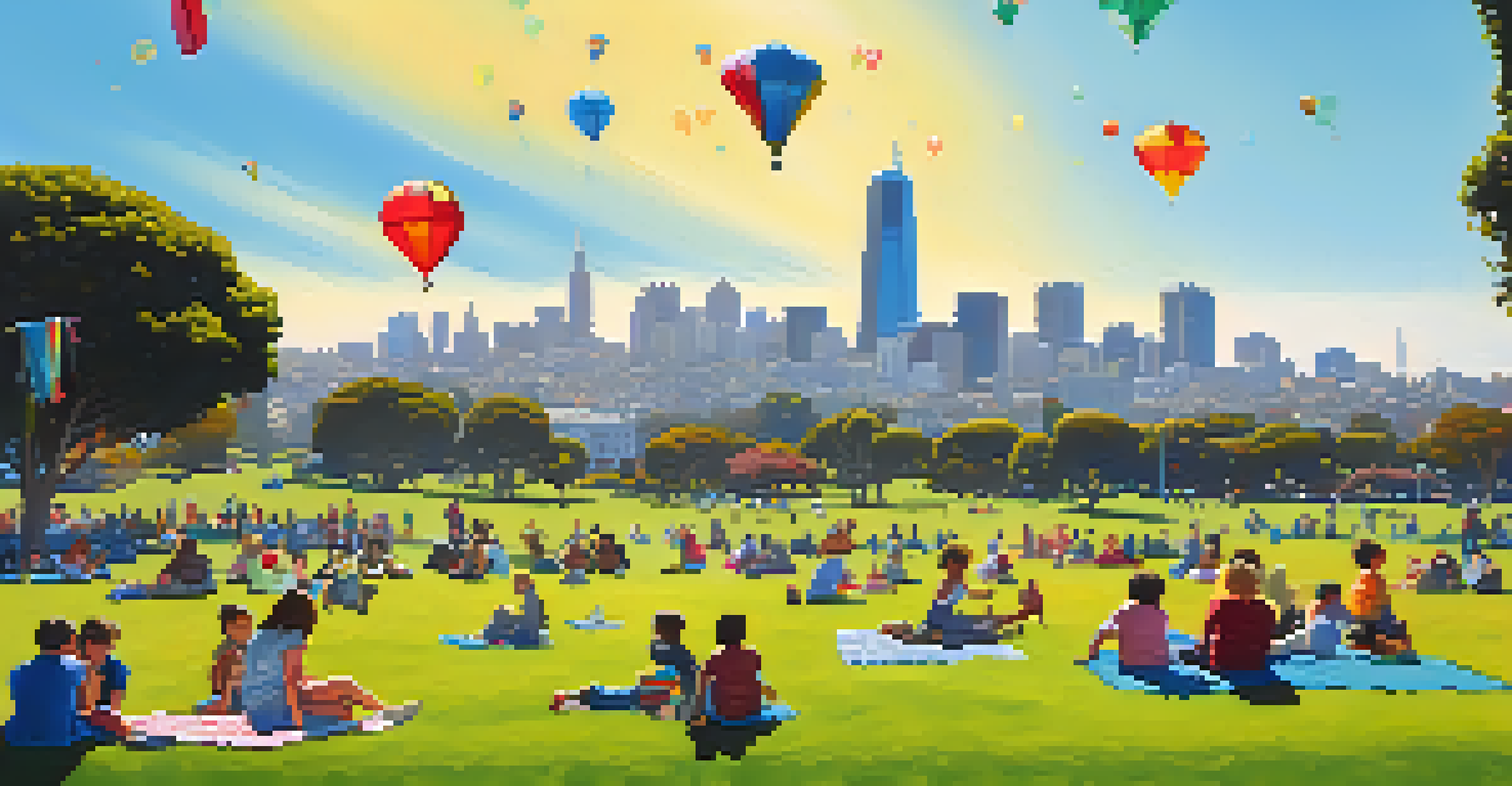 Families having fun at Mission Dolores Park with children playing and the San Francisco skyline in the background.