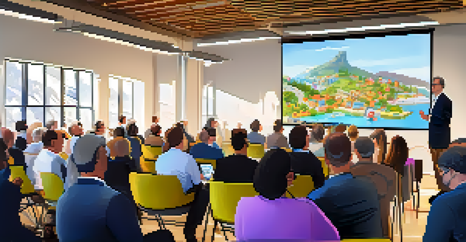 An industry leader presenting in a workshop, with an engaged audience and a projector displaying tech concepts.
