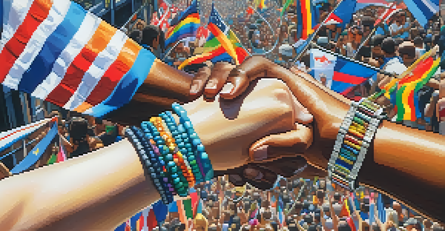 Close-up of hands exchanging colorful bracelets at the Folsom Street Fair, symbolizing friendship and community.