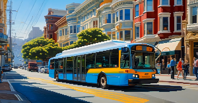 A busy San Francisco street with a modern electric bus, colorful Victorian houses, and pedestrians using a smart transit kiosk.