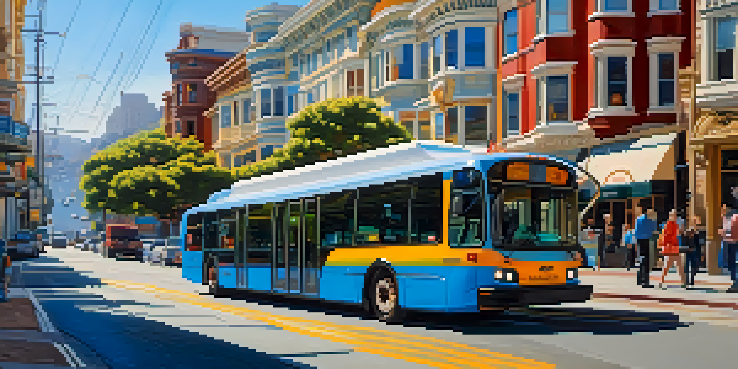 A busy San Francisco street with a modern electric bus, colorful Victorian houses, and pedestrians using a smart transit kiosk.