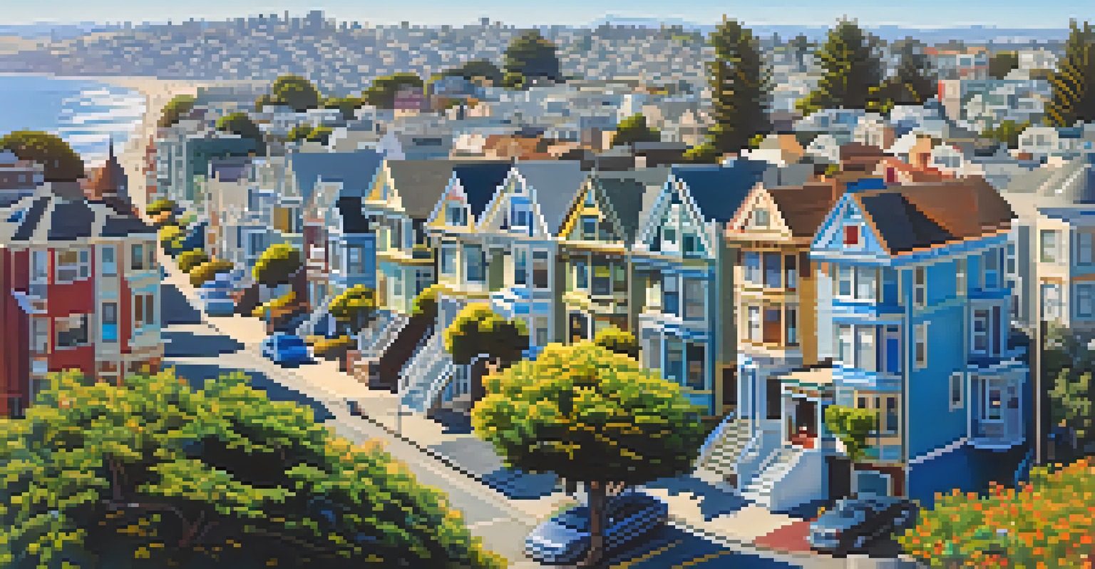 An aerial view of a San Francisco neighborhood with Victorian houses and the Pacific Ocean in the background.