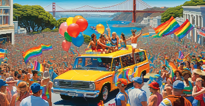 A lively Pride Parade in San Francisco with floats, participants in colorful costumes, and rainbow flags, set against the backdrop of the Golden Gate Bridge.