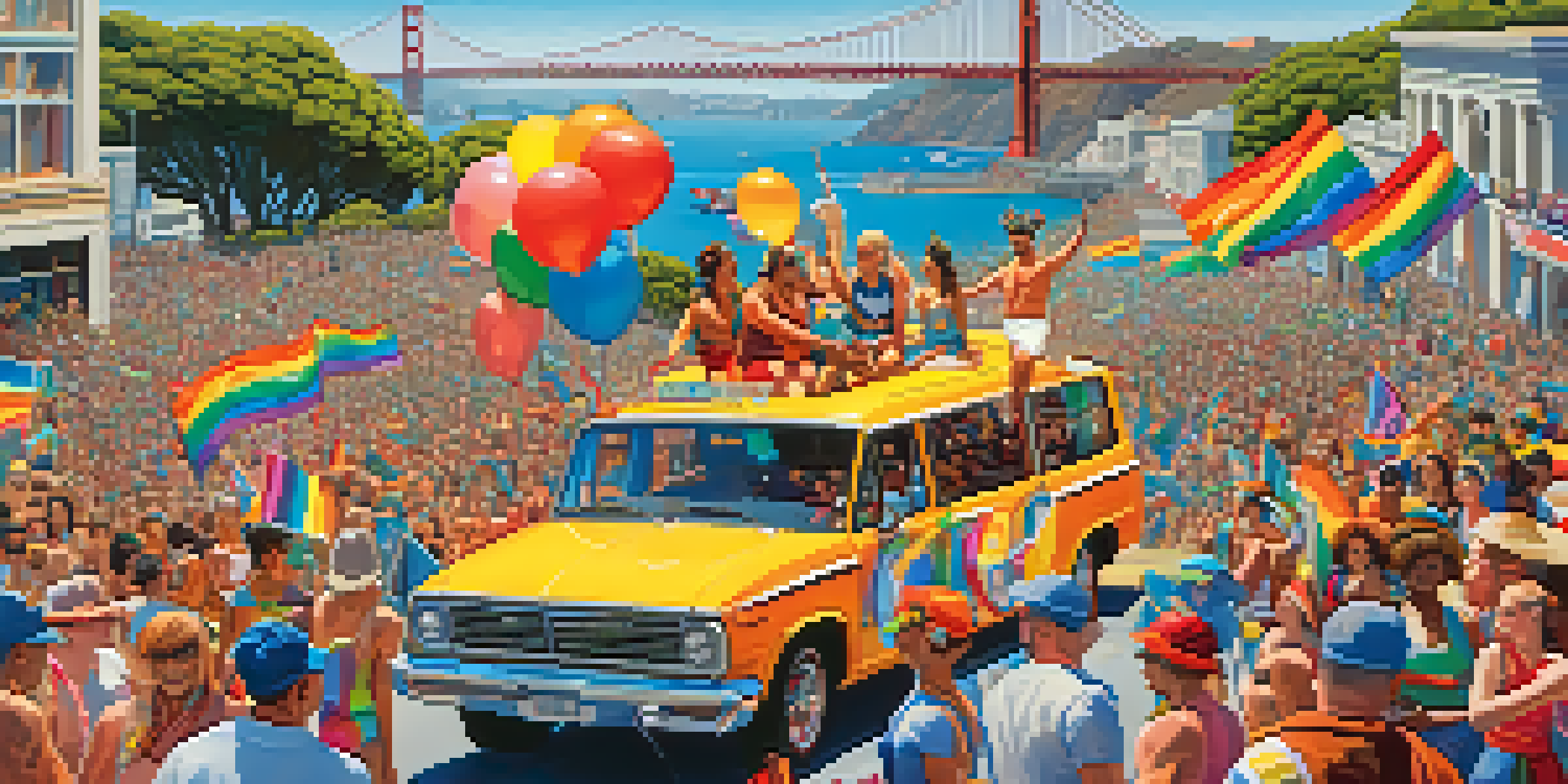A lively Pride Parade in San Francisco with floats, participants in colorful costumes, and rainbow flags, set against the backdrop of the Golden Gate Bridge.