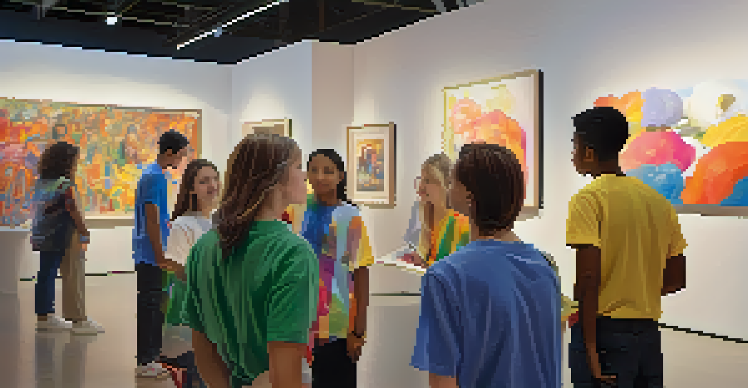 Students volunteering at a museum, guiding visitors around an art exhibition with colorful artwork on display.