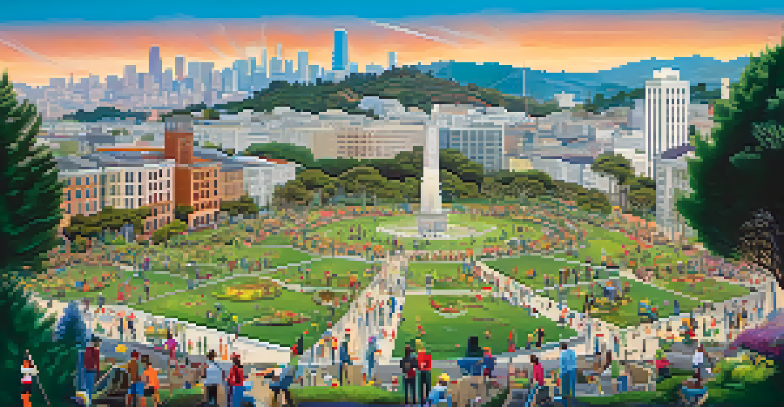 An illustration of the rebuilding efforts in San Francisco after the earthquake, with workers and architects in a lively construction scene near Golden Gate Park.