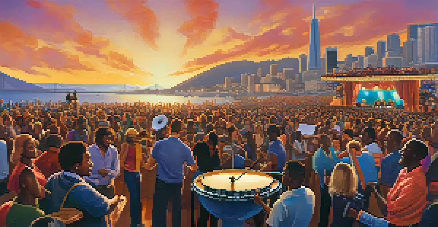 A lively outdoor jazz festival with musicians on stage and a joyful crowd, celebrating the genre's community spirit.