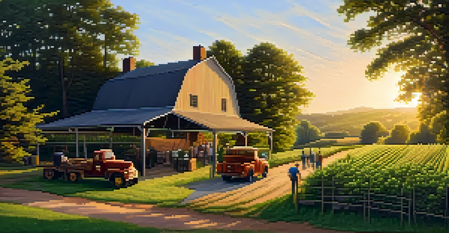 A craft distiller harvesting botanicals in a farm setting, with greenery and a sunset in the background.
