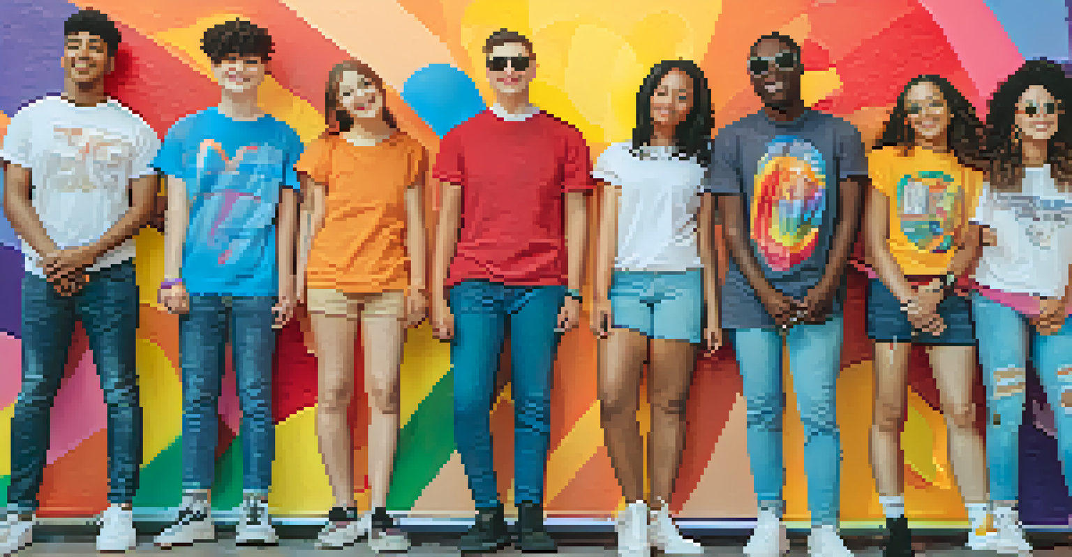 A heartfelt portrait of LGBTQ+ youth activists holding hands in front of a colorful mural promoting equality, with sunlight highlighting their expressions of solidarity.
