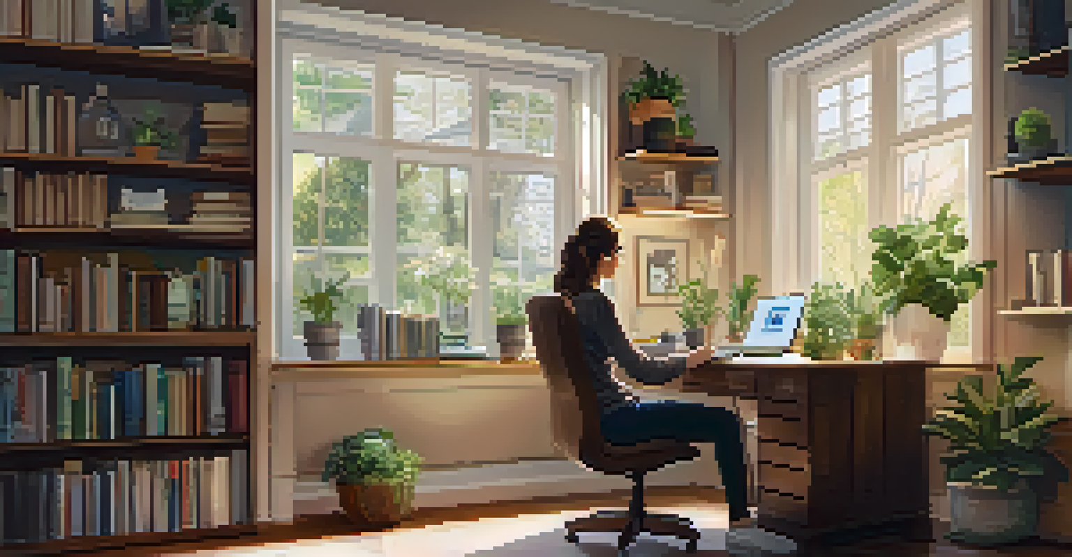 A person in a home office having a video consultation on a laptop, with plants and books in the background.