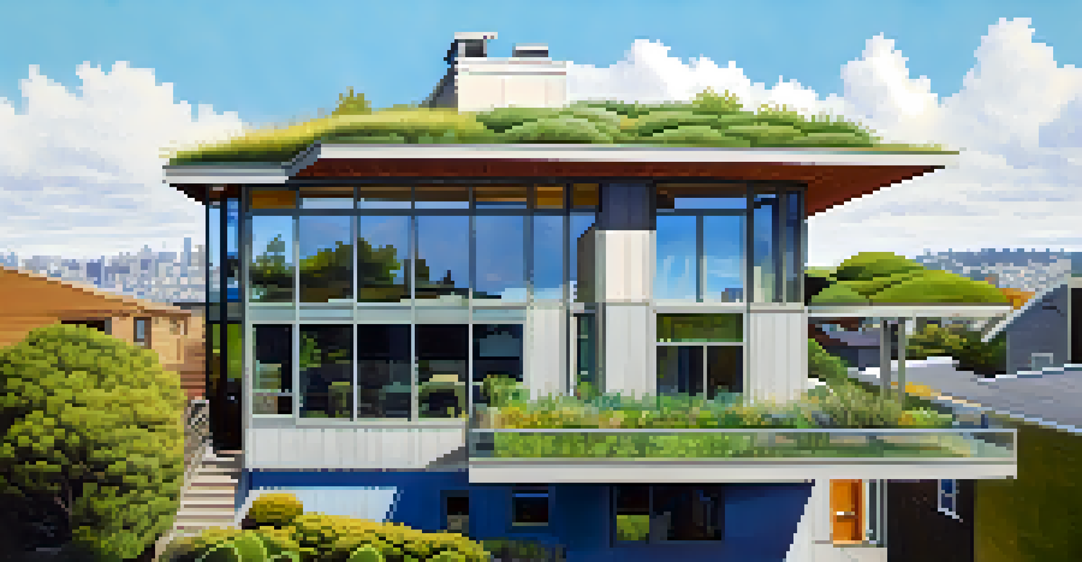 Close-up of a sustainable home in San Francisco with a green roof and rainwater collection system.
