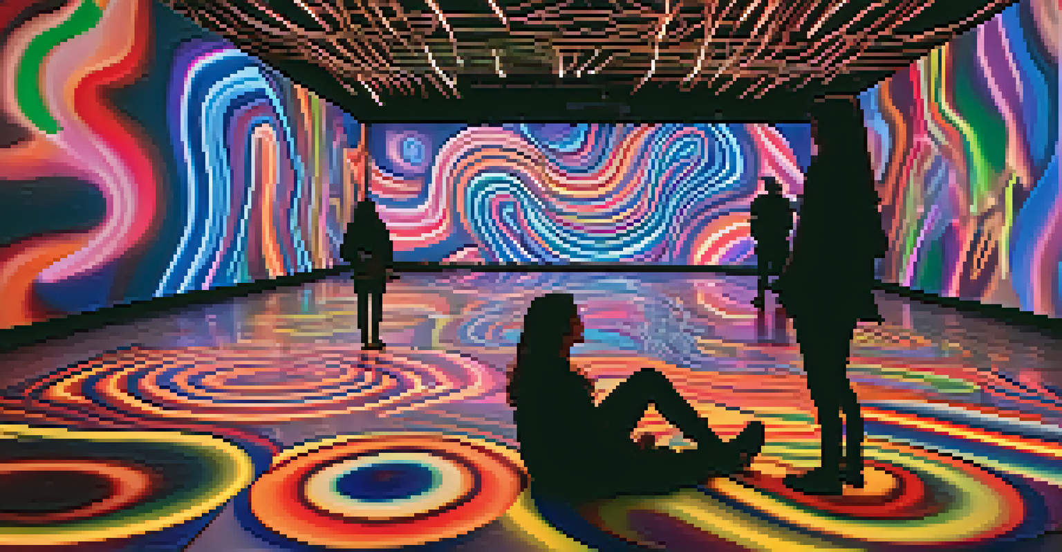 An art installation with colorful light projections and people lying on the ground in a gallery.