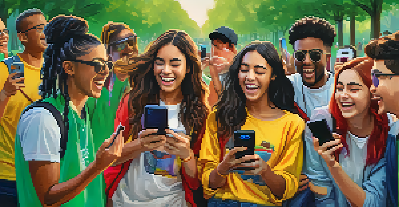 Young people in a park participating in a social media challenge that showcases their local culture, with bright clothing and joyful expressions.