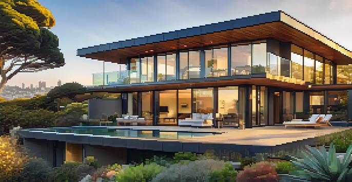 A modern luxury home with solar panels and large glass windows, surrounded by greenery, overlooking the San Francisco skyline at sunset.