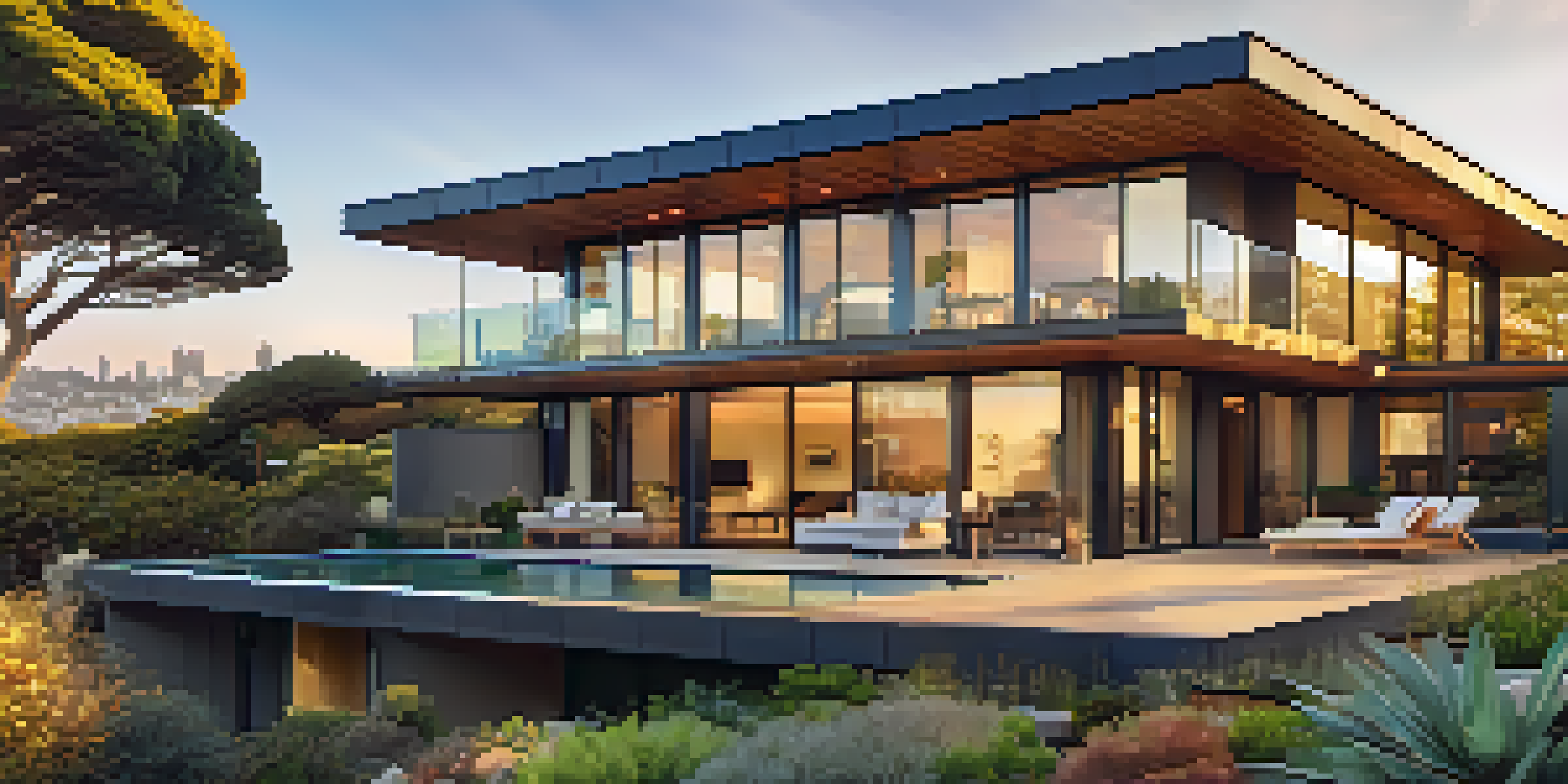 A modern luxury home with solar panels and large glass windows, surrounded by greenery, overlooking the San Francisco skyline at sunset.