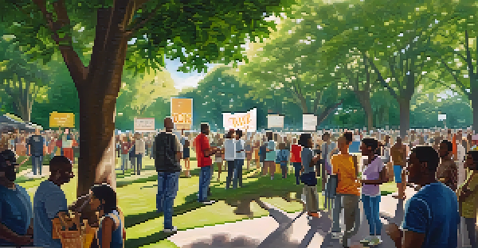 A diverse group of people in a park advocating for social justice, holding banners and engaging in discussions under sunlight filtering through trees.
