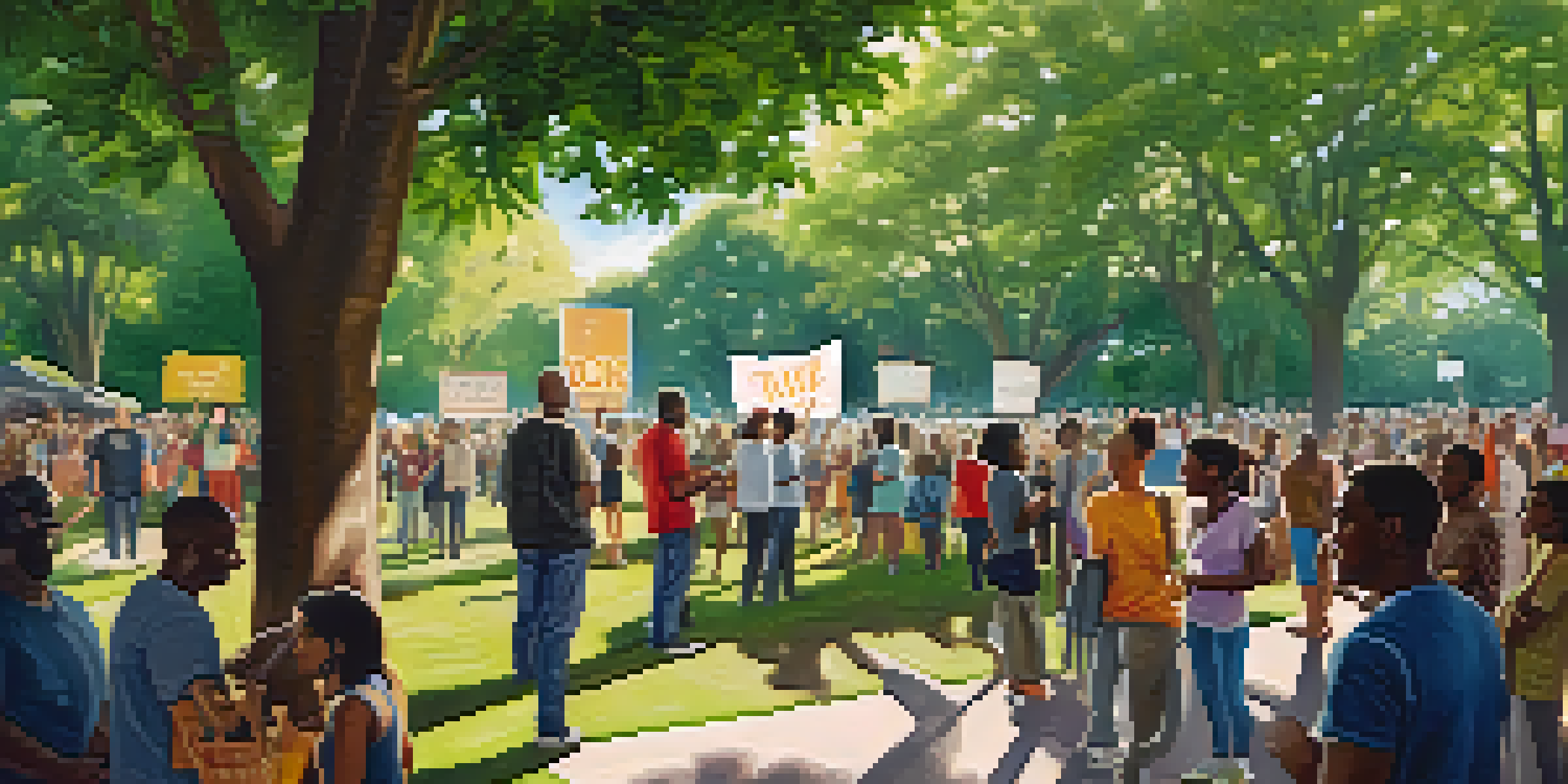 A diverse group of people in a park advocating for social justice, holding banners and engaging in discussions under sunlight filtering through trees.