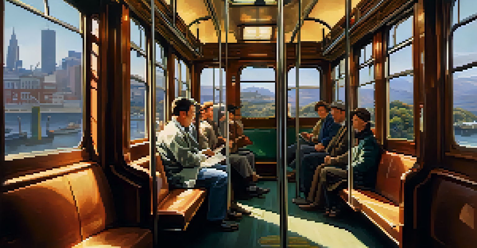 Inside a San Francisco tram with passengers seated quietly, showcasing a cozy atmosphere and city views.