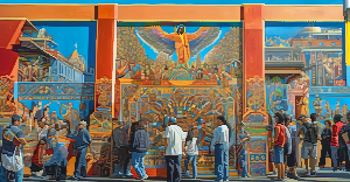 A colorful mural in San Francisco's Mission District, featuring cultural motifs and diverse people admiring the art.