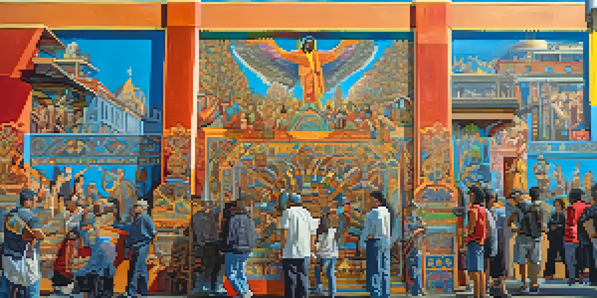 A colorful mural in San Francisco's Mission District, featuring cultural motifs and diverse people admiring the art.