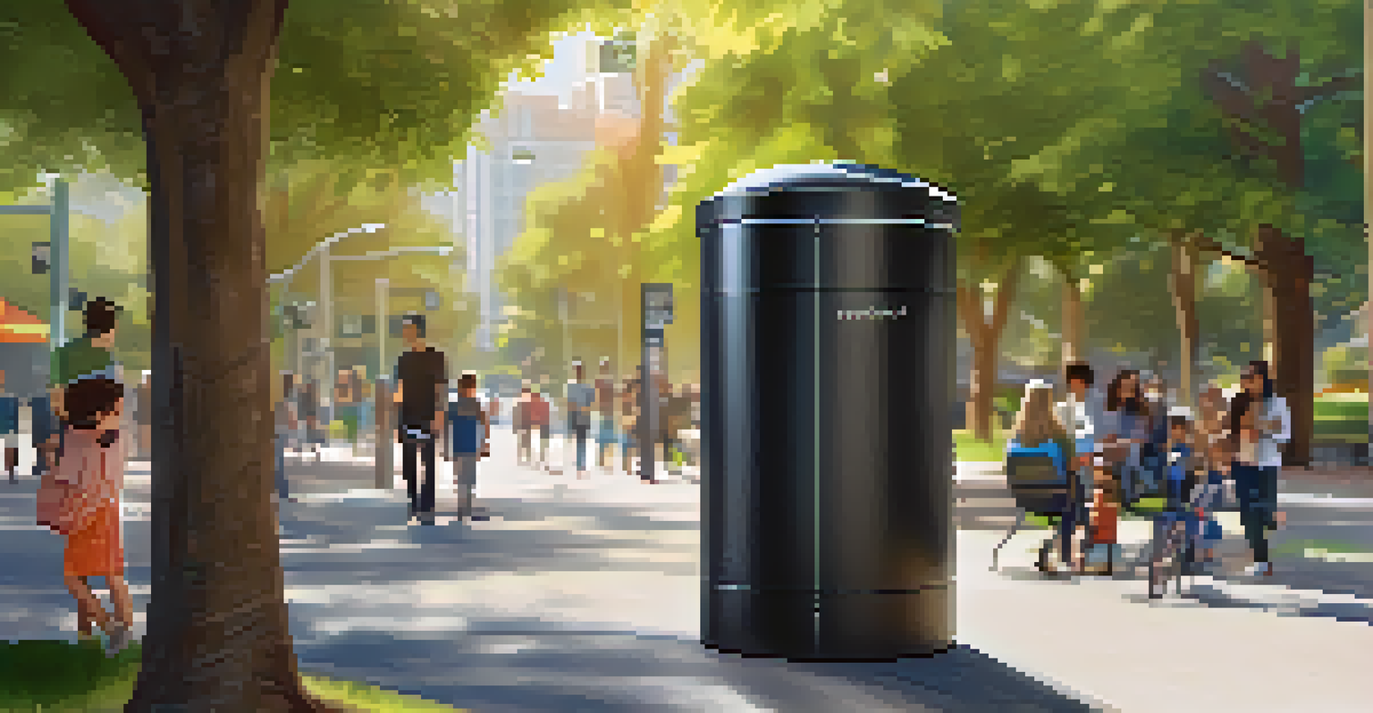 Close-up of a smart waste bin in a park in San Francisco, with a digital display and families enjoying the outdoors in the background.