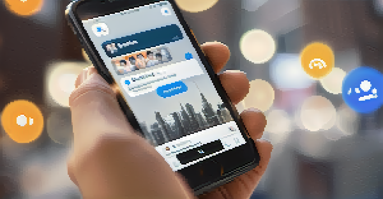 A close-up of a hand holding a smartphone showing networking connections on a social media app, set against a blurred office background.