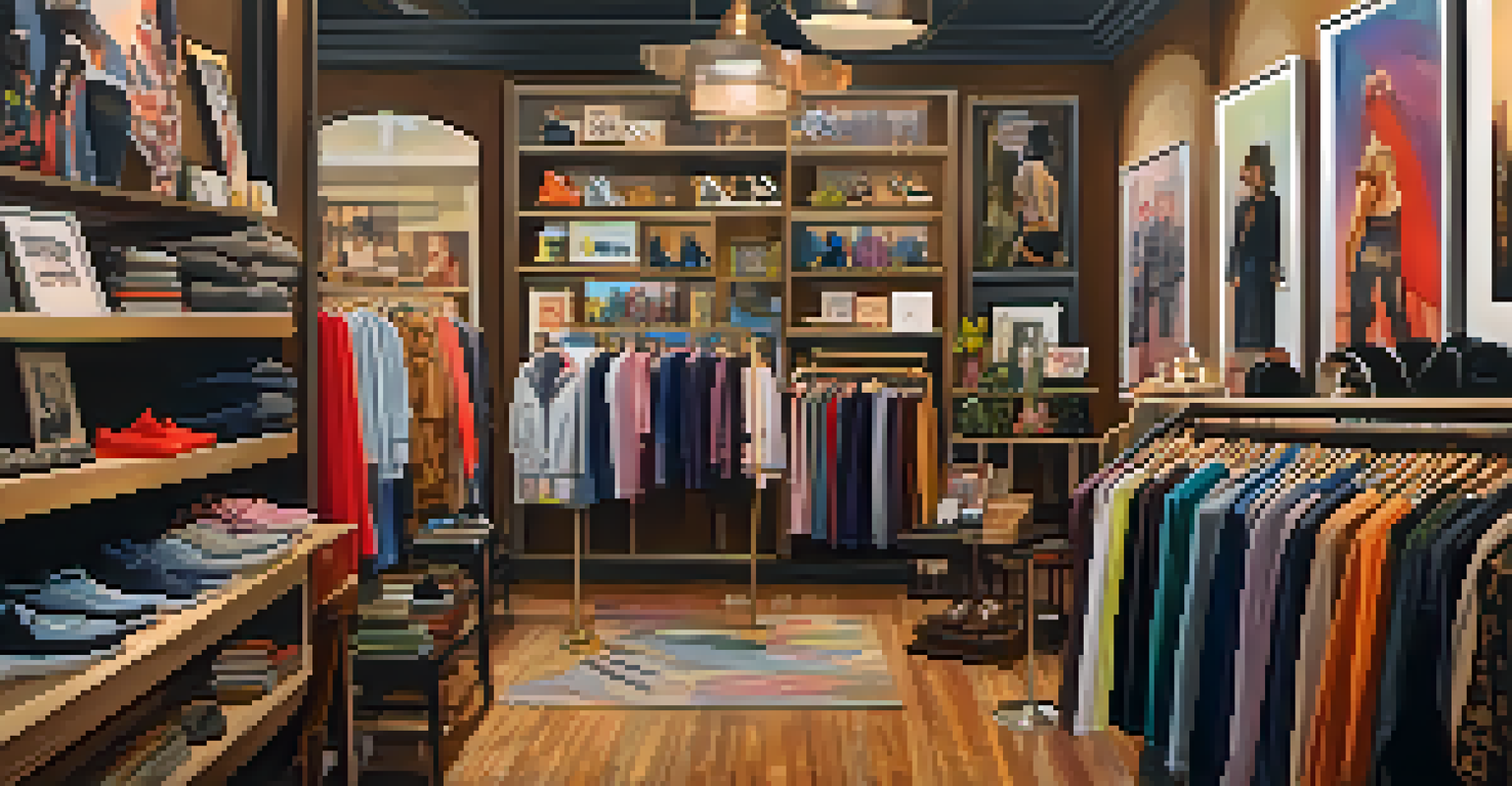 A charming boutique in San Francisco showcasing unique clothing and local artworks in a warm setting.