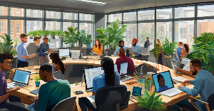 A diverse team of professionals working together in a bright tech office in San Francisco, surrounded by plants and colorful artwork.