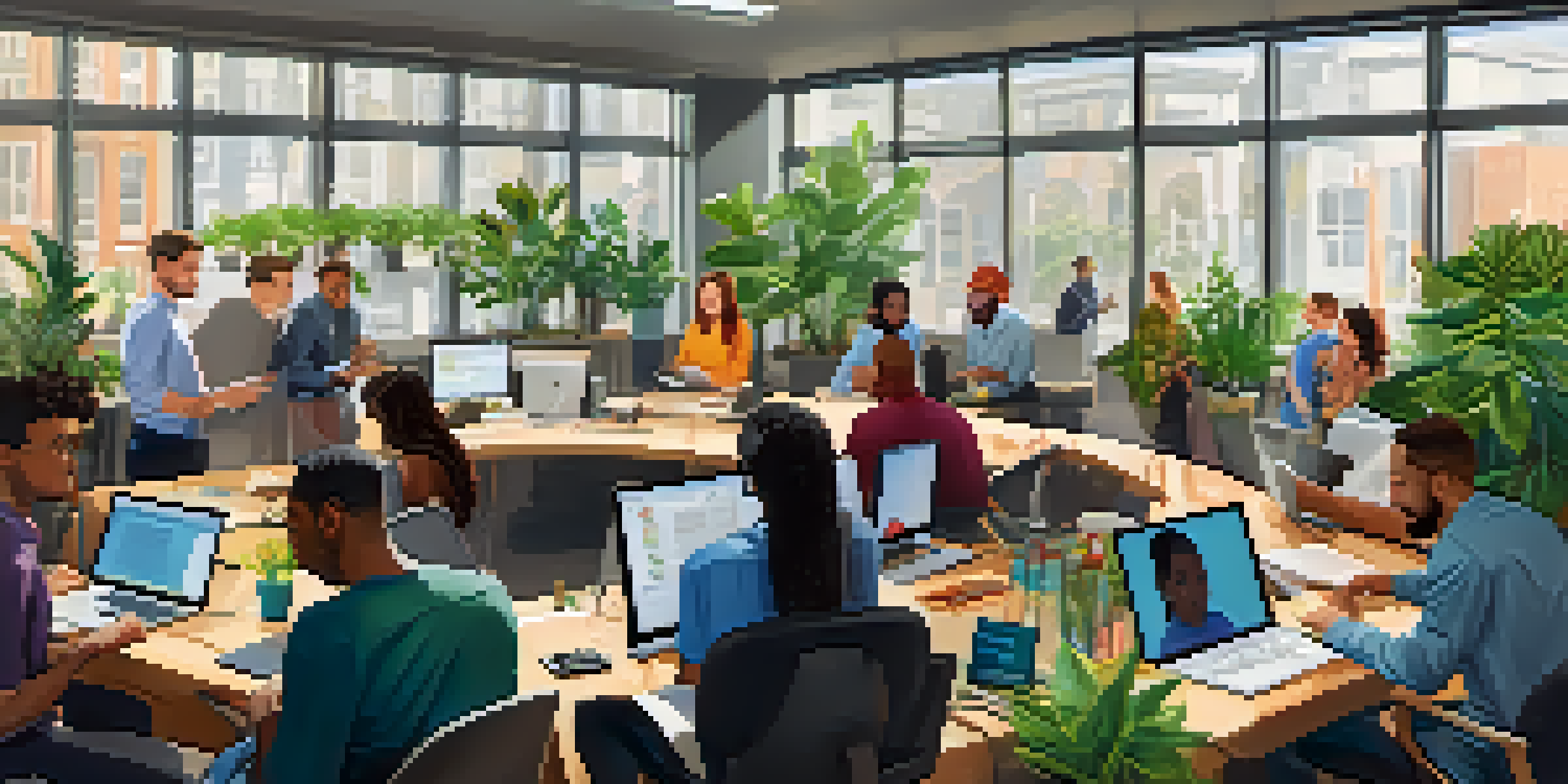 A diverse team of professionals working together in a bright tech office in San Francisco, surrounded by plants and colorful artwork.