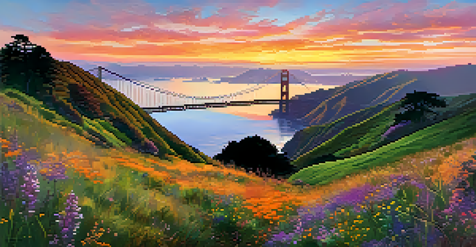 A breathtaking sunset view of the Golden Gate Bridge from Marin Headlands, with colorful sky and green hills in the foreground.