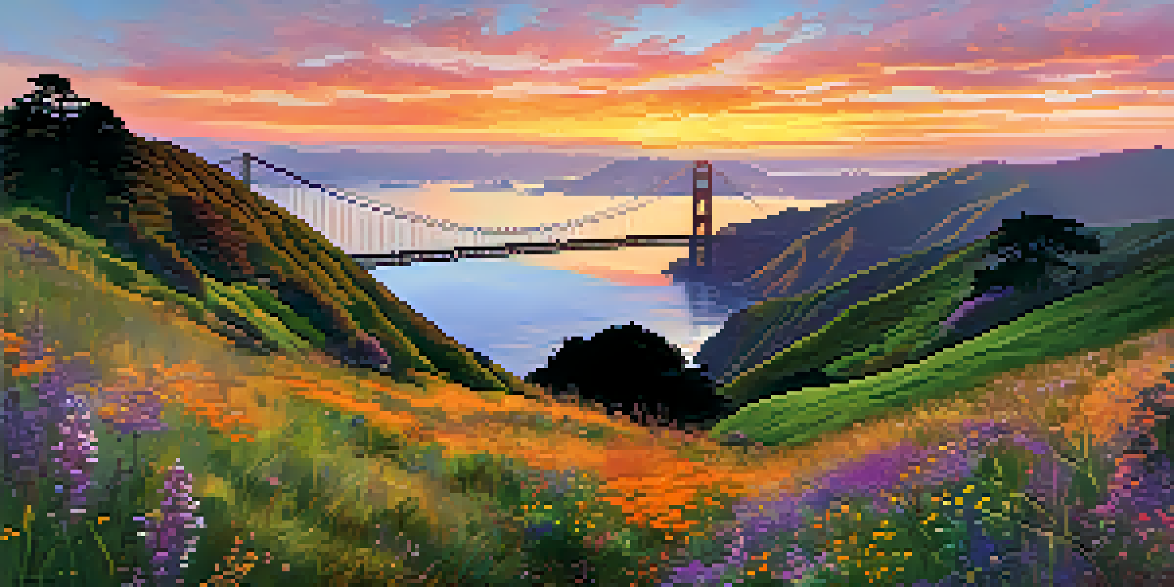 A breathtaking sunset view of the Golden Gate Bridge from Marin Headlands, with colorful sky and green hills in the foreground.