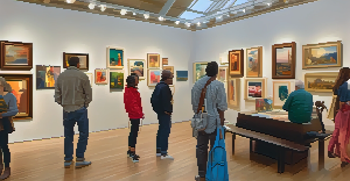 An interior view of a lively art gallery with diverse artworks and people engaging in conversation.