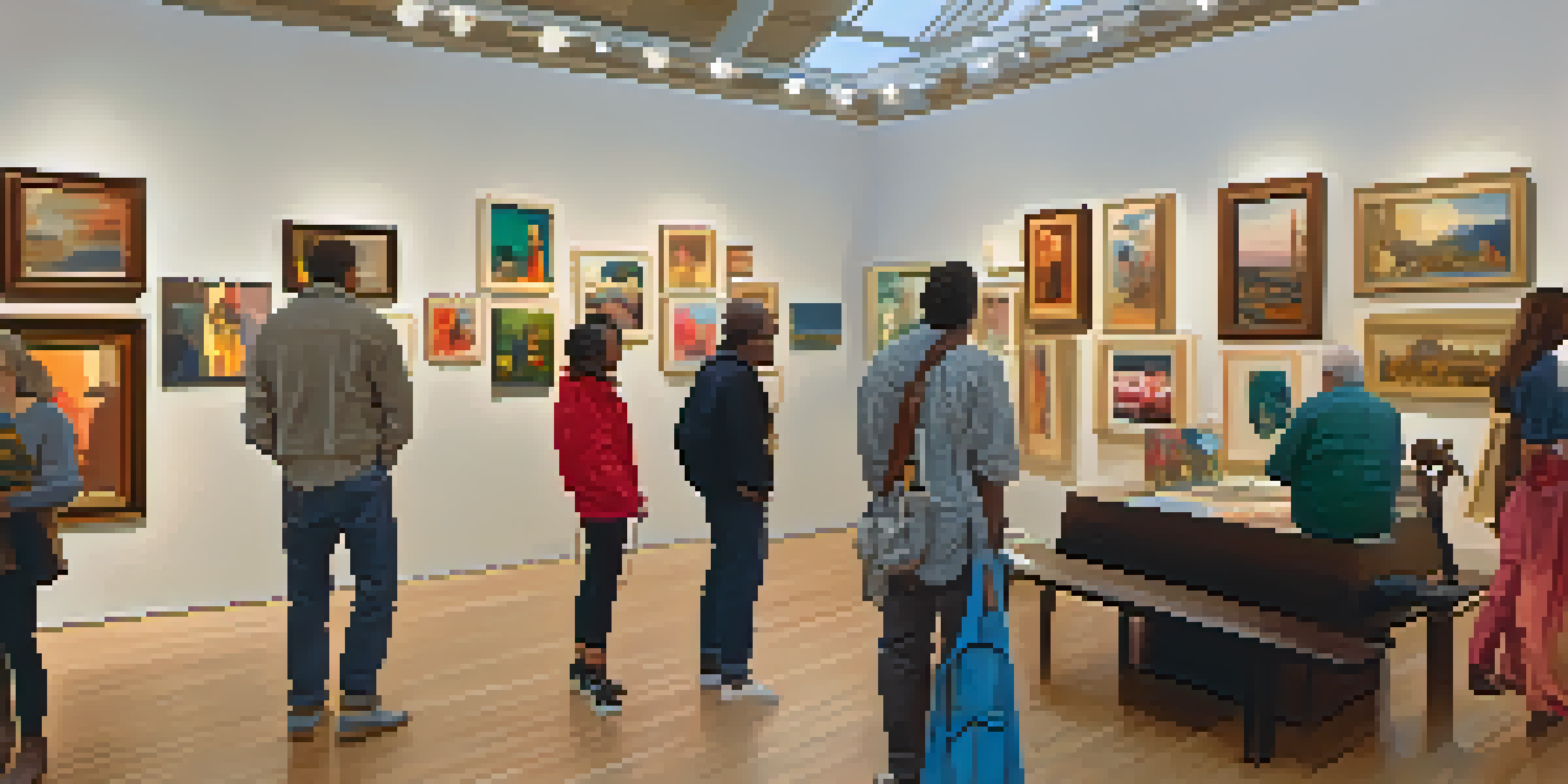 An interior view of a lively art gallery with diverse artworks and people engaging in conversation.