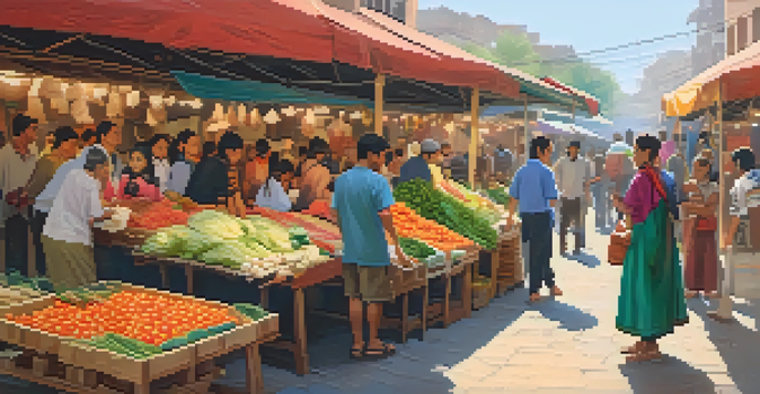 A diverse group of students interacting with local vendors in a colorful market, surrounded by fresh produce and crafts.