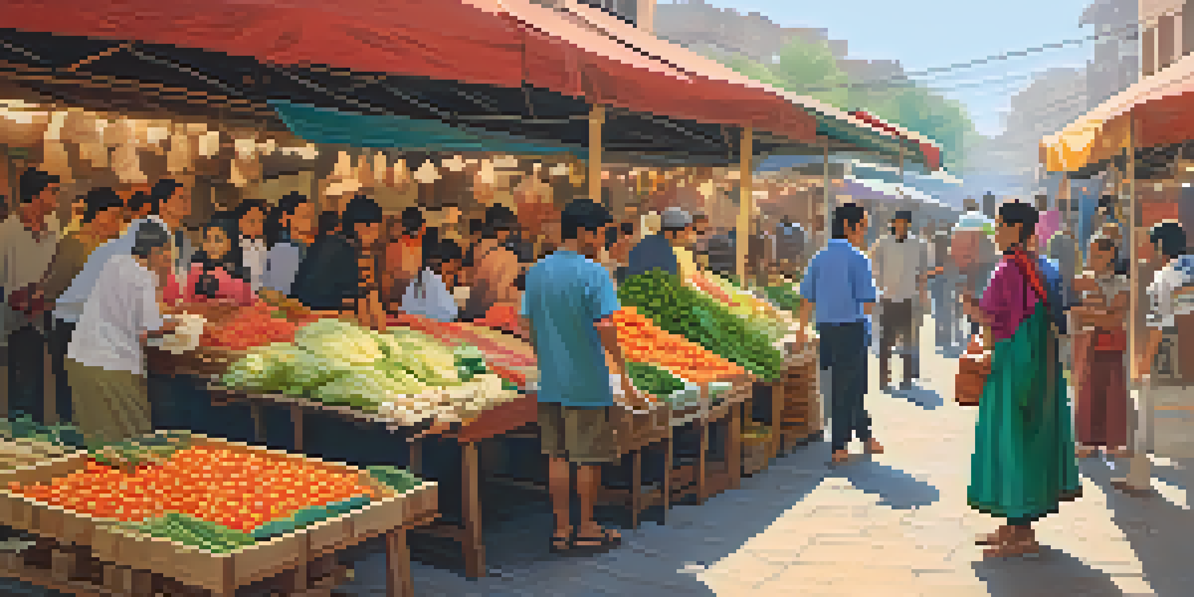 A diverse group of students interacting with local vendors in a colorful market, surrounded by fresh produce and crafts.