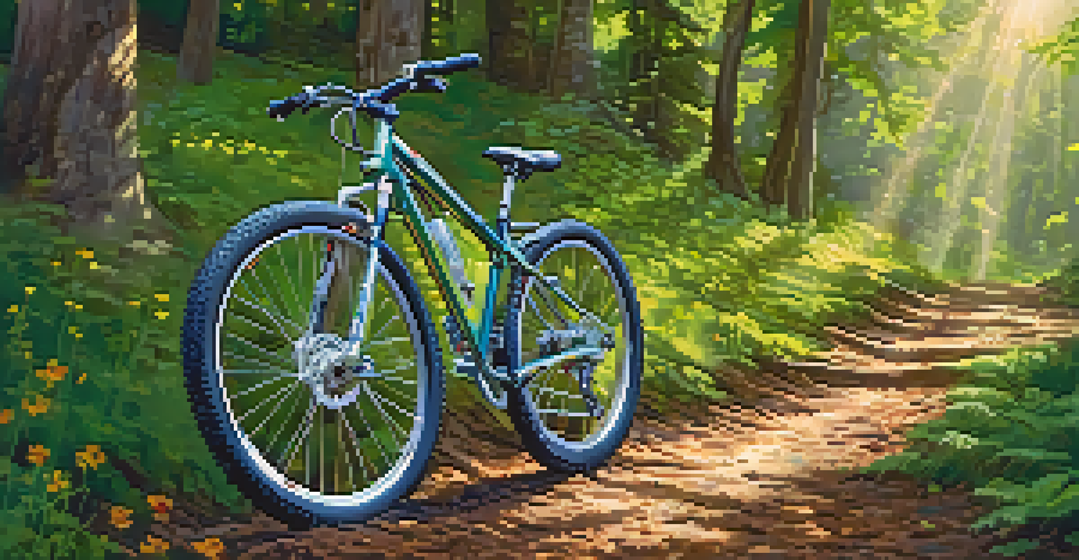 A rugged mountain bike parked on a scenic trail surrounded by trees and wildflowers, with sunlight filtering through the leaves.