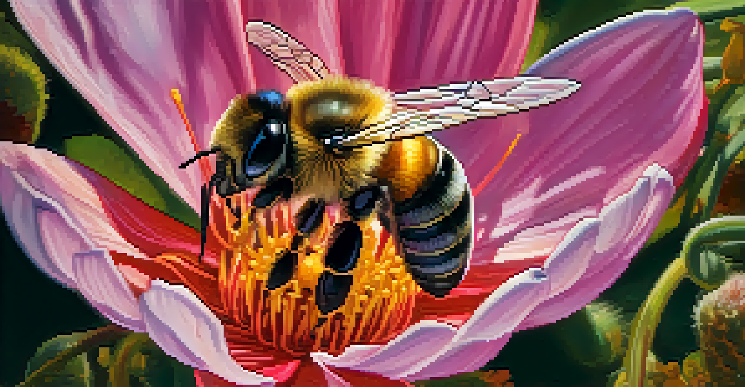 A close-up of a colorful flower in a nature reserve, with native plants and an insect collecting nectar.