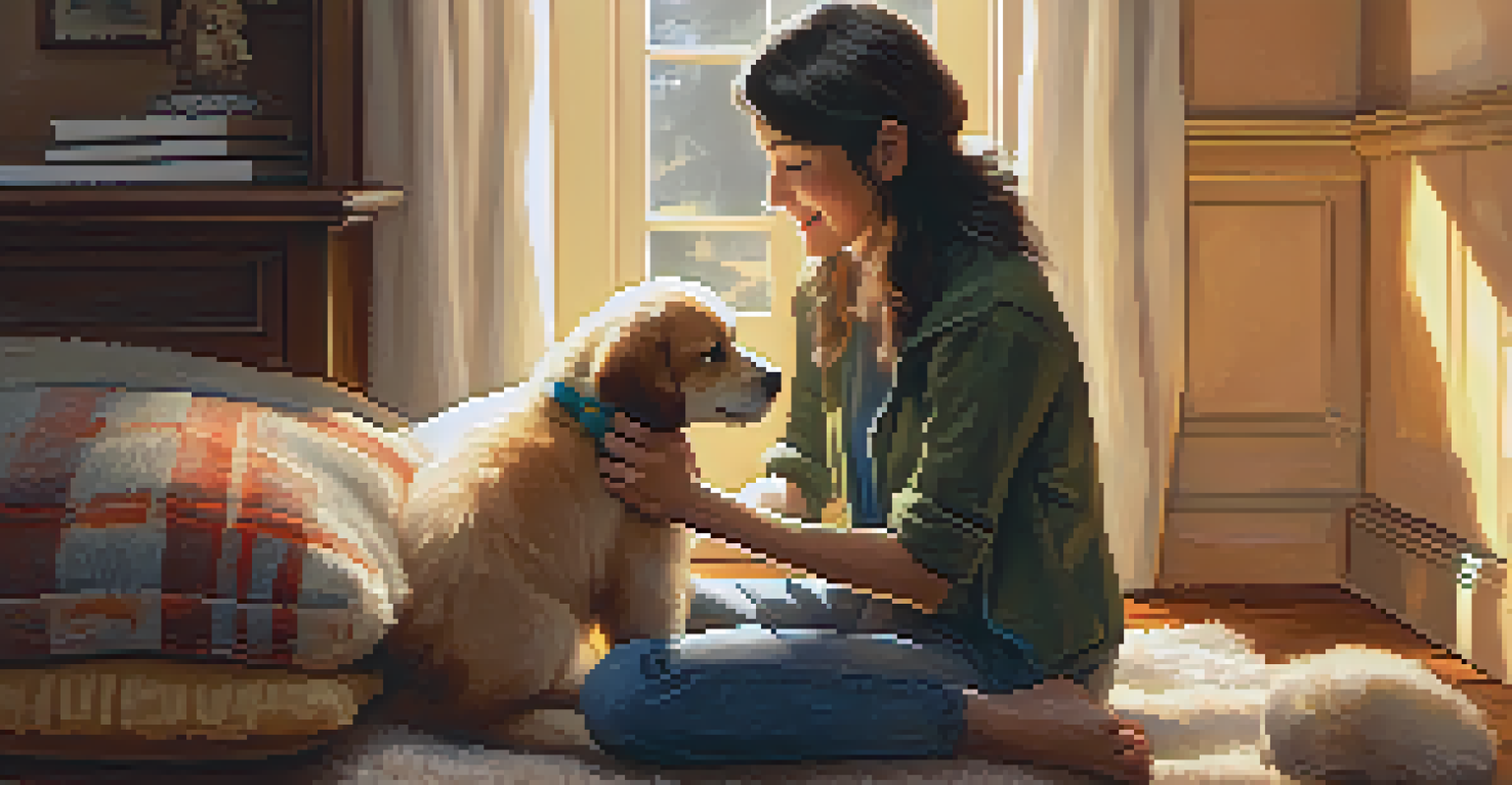A volunteer fostering a playful puppy in a cozy home, with warm lighting and soft textures creating a welcoming atmosphere.