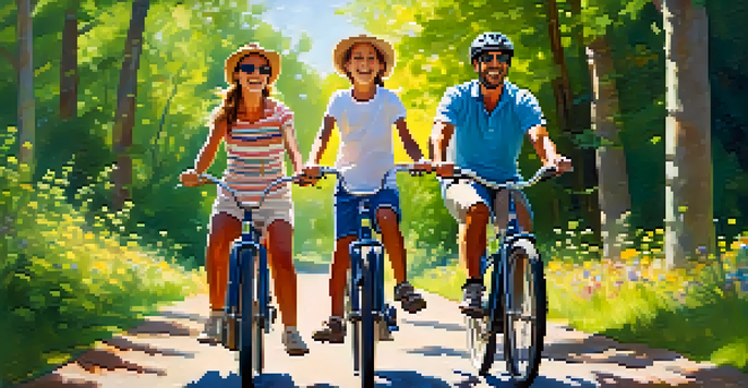A happy family cycling together on a sunny day with trees and flowers around them.