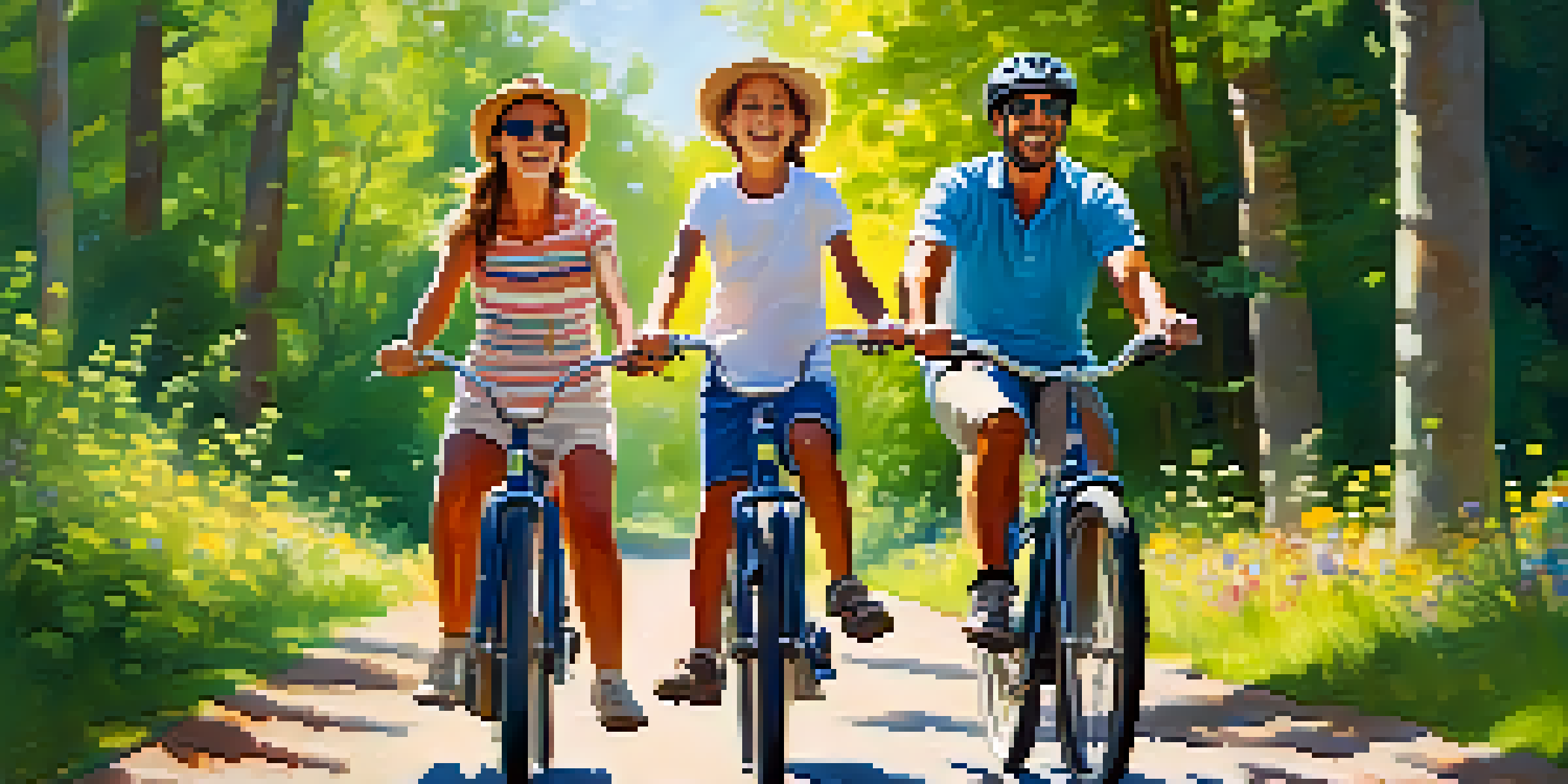 A happy family cycling together on a sunny day with trees and flowers around them.