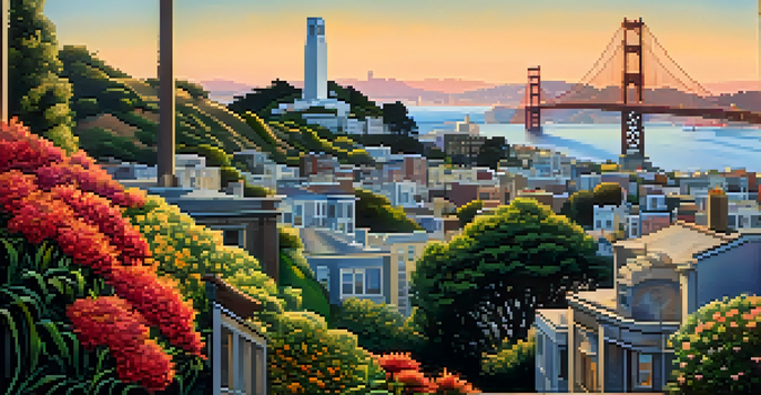A scenic view of Coit Tower against a sunset backdrop, with the San Francisco skyline and colorful flowers in the foreground.
