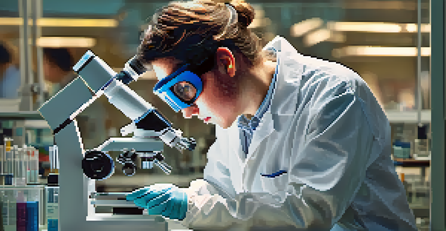 A researcher in a lab at Stanford examining a sample under a microscope with modern equipment.