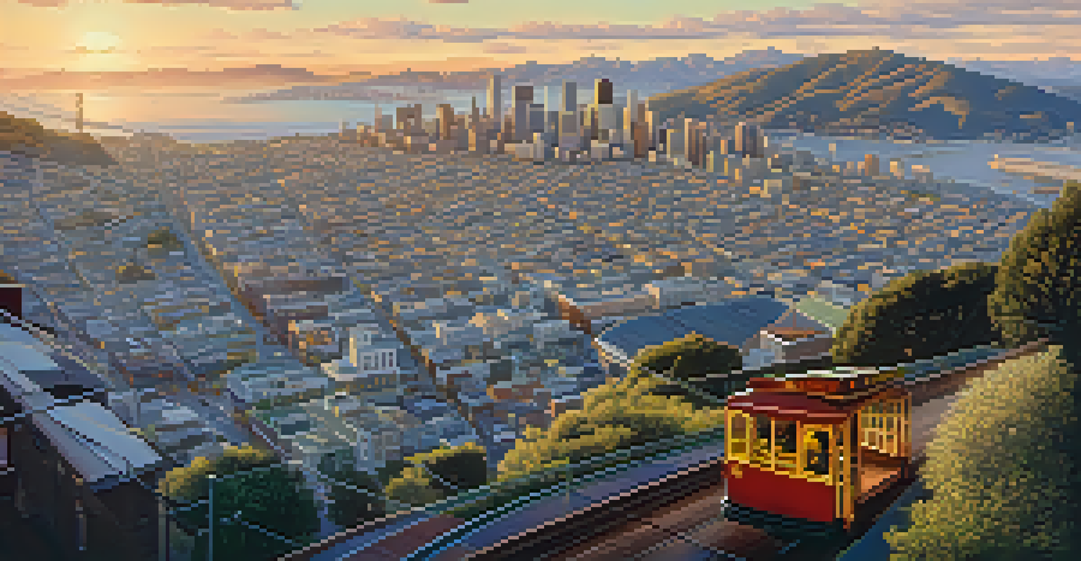An aerial view of San Francisco showing the public transit system and the cityscape with hills and parks.