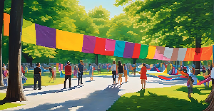 A colorful art installation in an urban park with fabric banners and people observing.