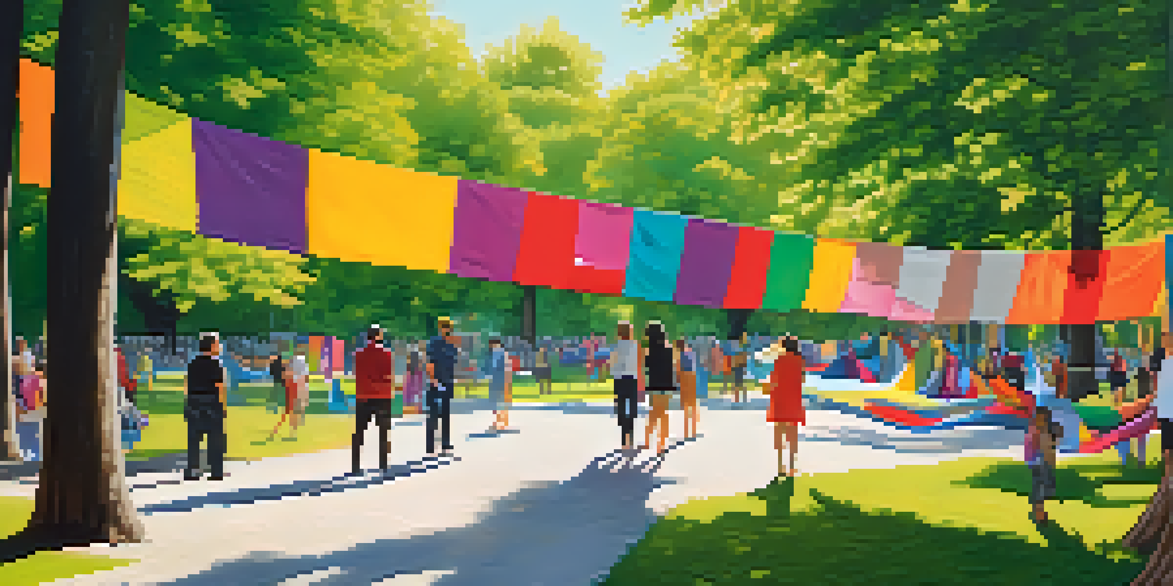 A colorful art installation in an urban park with fabric banners and people observing.