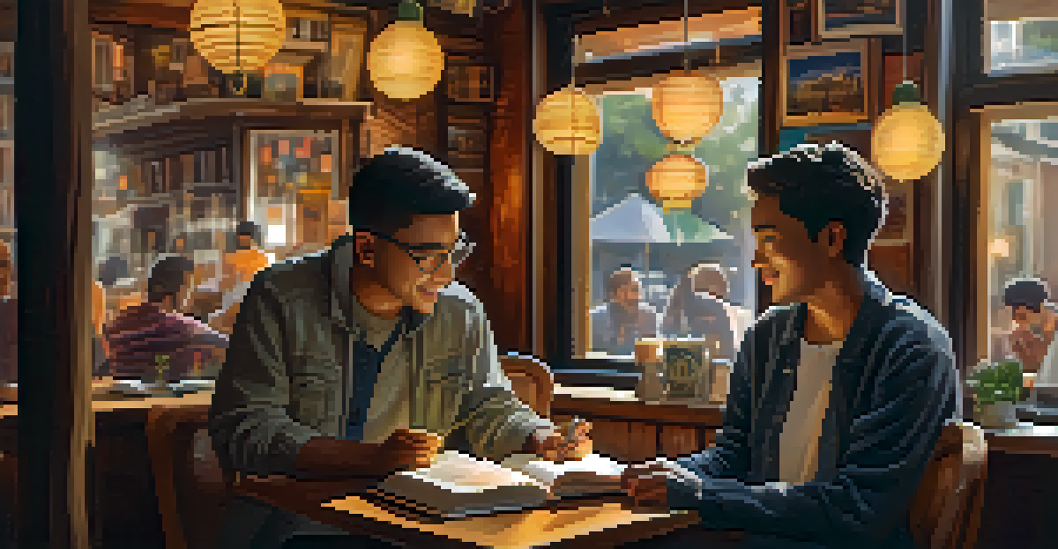 Two friends from different cultures engaged in a language learning session at a cozy café, surrounded by warm lighting and cultural decorations.